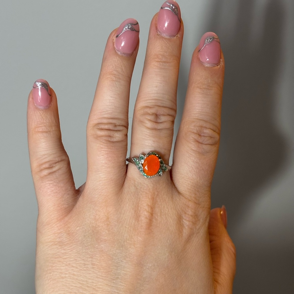 925 Sterling Silver Orange Opal & Emerald Ring, size 8 - Picture 10 of 10